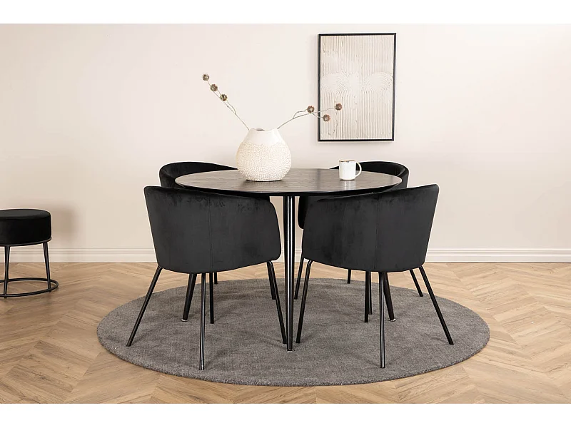 DippØ115BLBL ensemble table, table noir et 4 Berit chaises Velours noir.