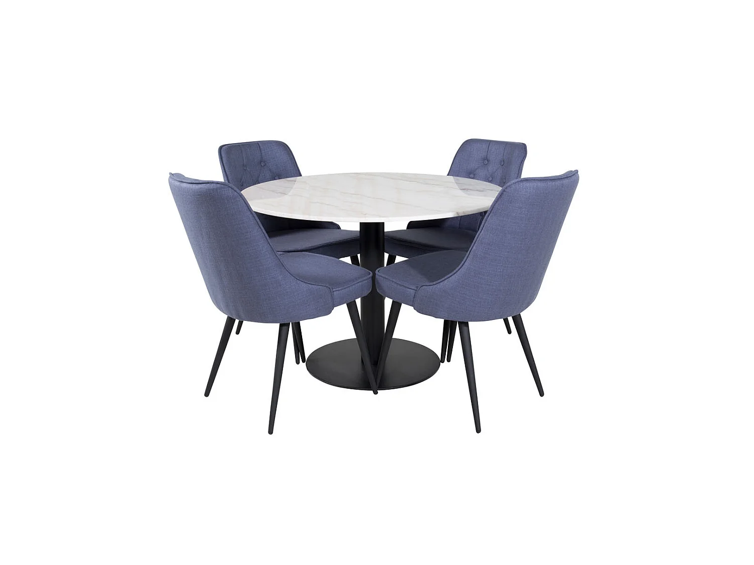 EstelleØ106WHBL ensemble table, table blanc, marbre et 4 Velvet Deluxe chaises bleu, noir.