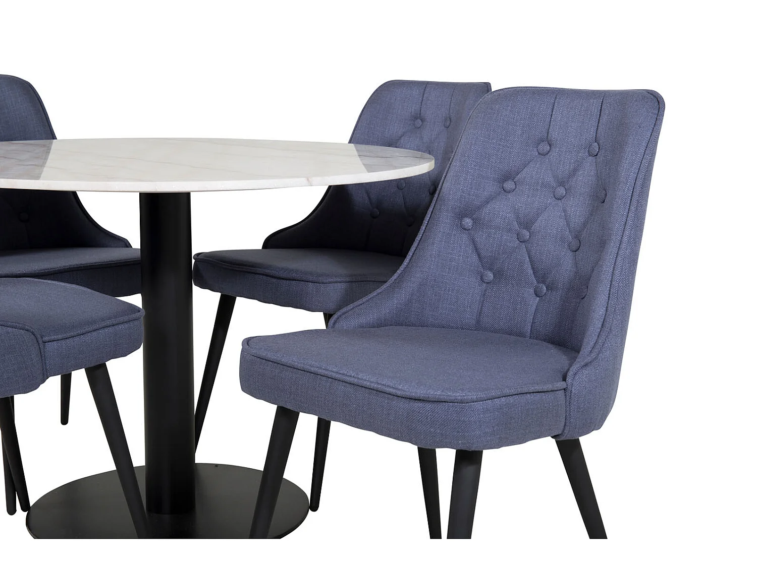 EstelleØ106WHBL ensemble table, table blanc, marbre et 4 Velvet Deluxe chaises bleu, noir.