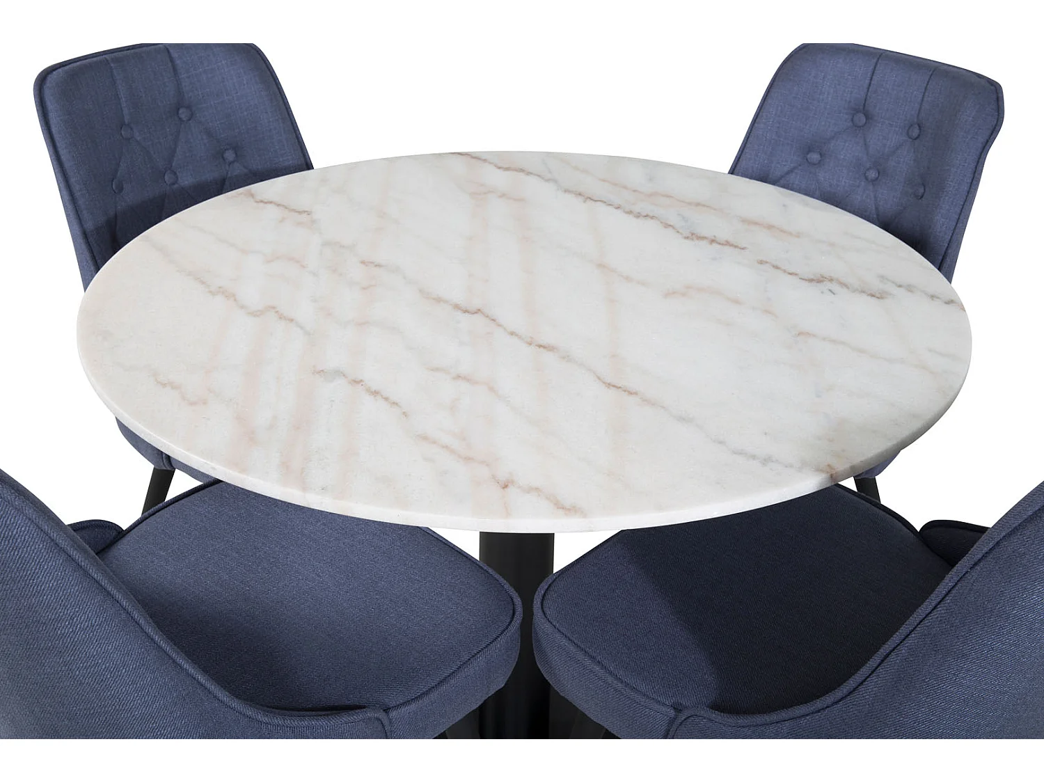 EstelleØ106WHBL eethoek eetkamertafel wit, marmer en 4 Velvet Deluxe eetkamerstal blauw, zwart.