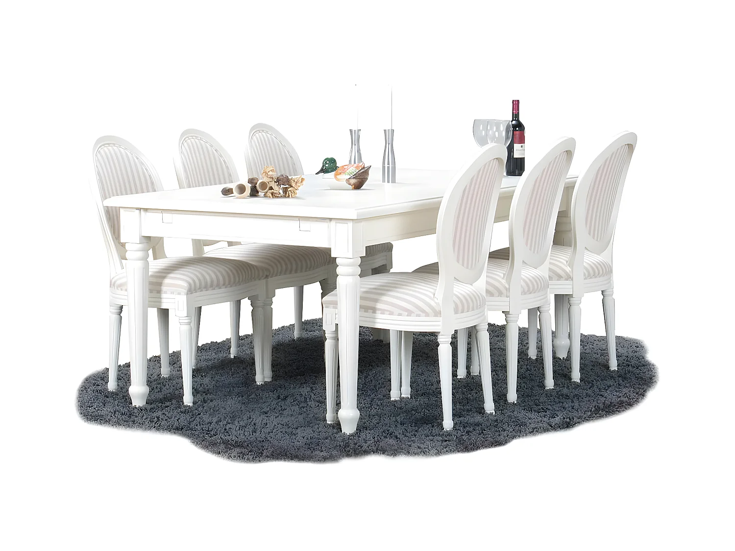 Amaretta Ensemble de salle à manger 100x180/280, 2 extensions inclues, vieux blanc avec chaises rococo vieux blanc/beige.