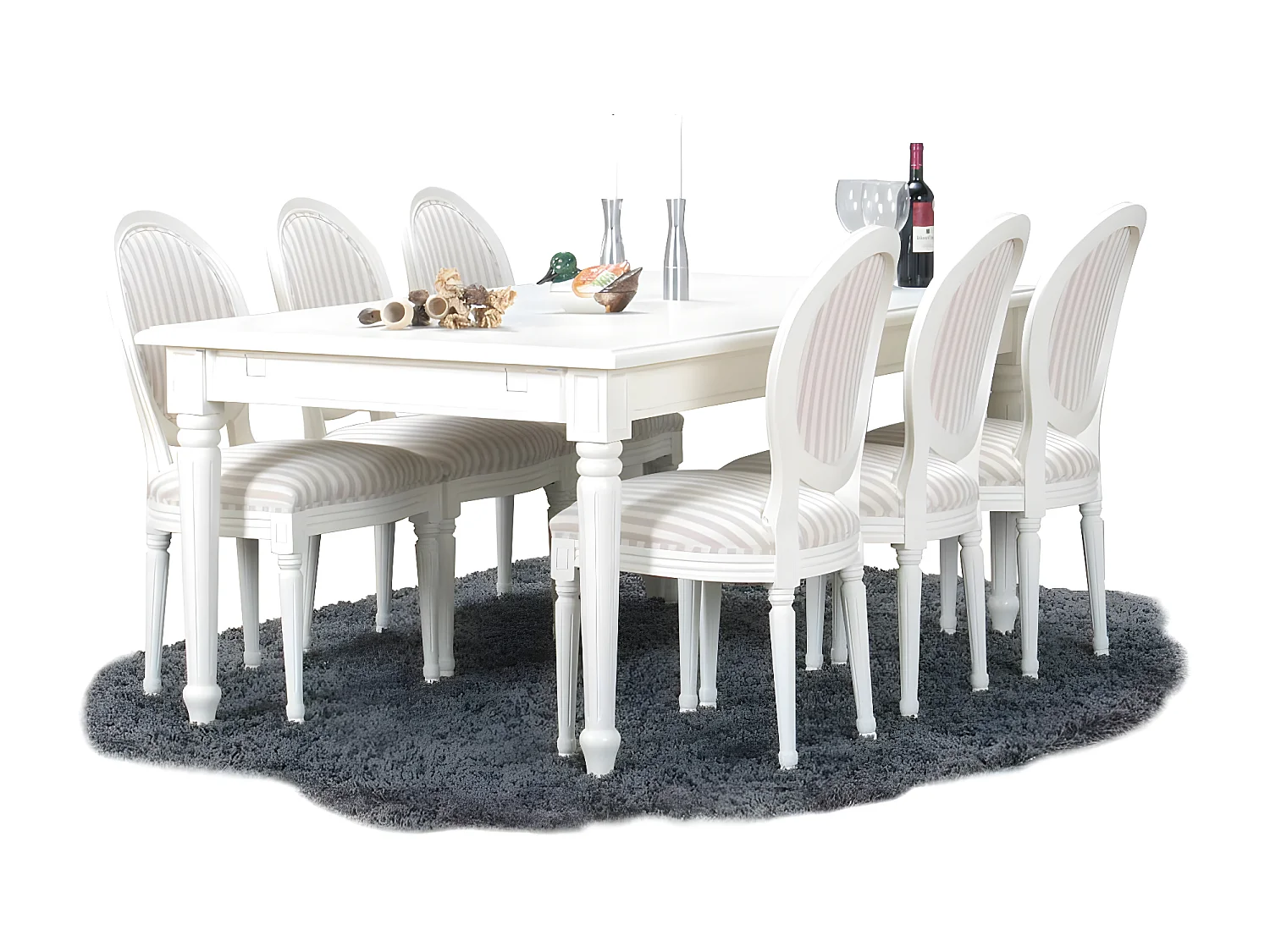 Amaretta Essgruppe 100x180/280 einschl. 2 Zusatzplatten antik weiß mit Rokoko Stühlen antik weiß/beige.