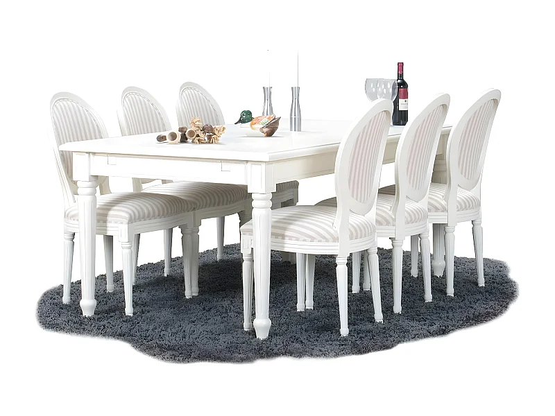 Mozart eethoek 100x180/280 cm incl. 2 verlengbladen antiek wit met 6 Rococo stoelen antiek wit/beige.