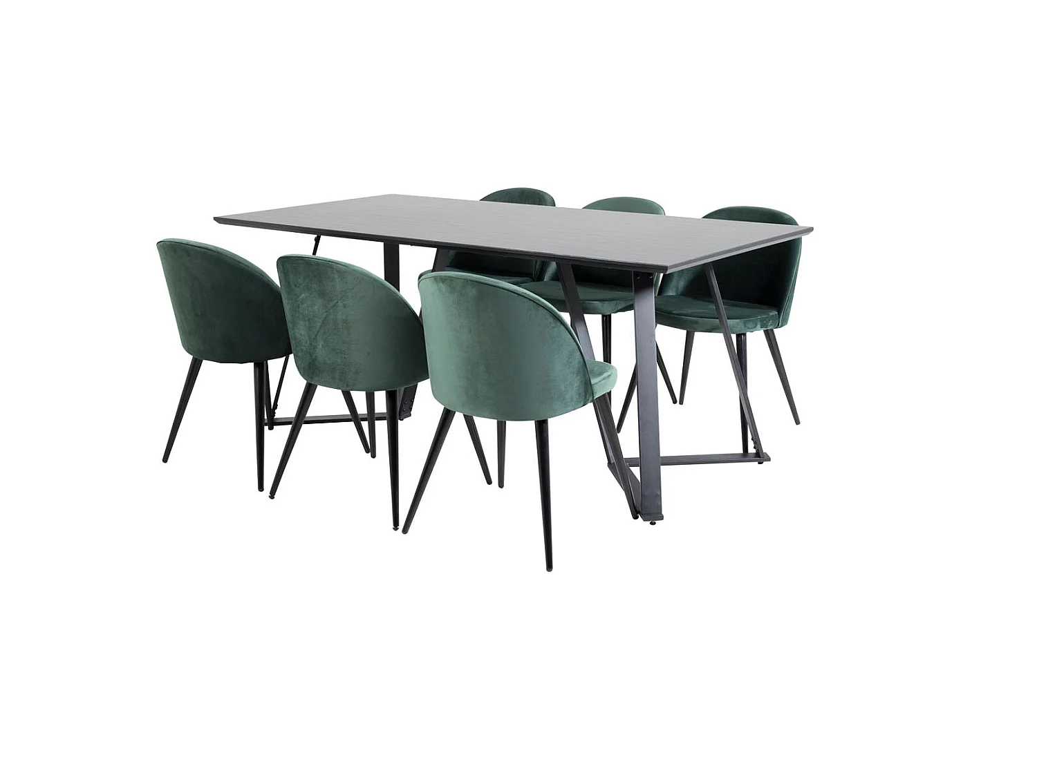 MarinaBLBL eethoek eetkamertafel zwart en 6 Velvet eetkamerstal velours groente, zwart.