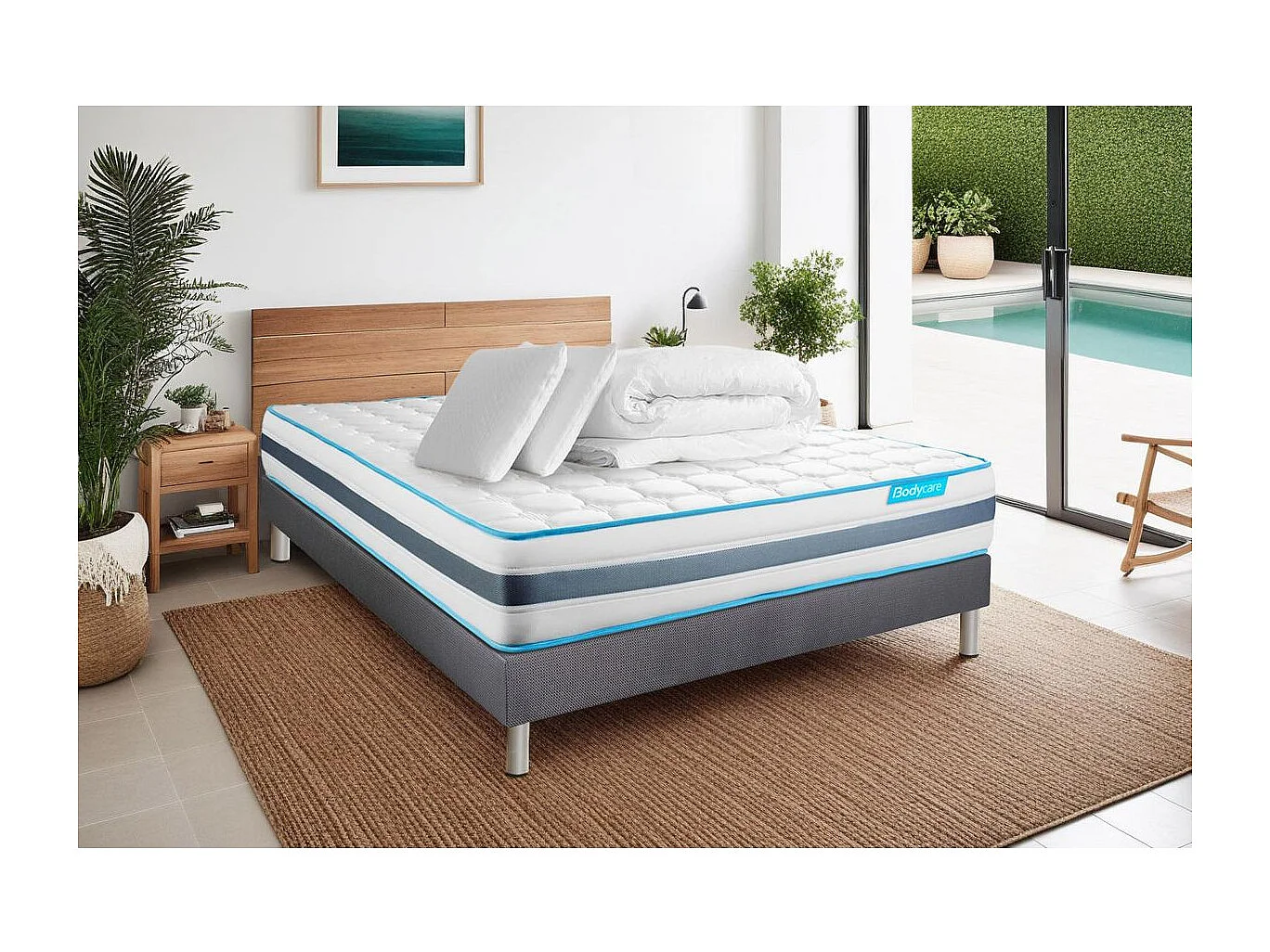 Pack 140x190 matelas BodyFlex + sommier kit gris + Couette 240x220cm + 2 oreillers 60x40cm