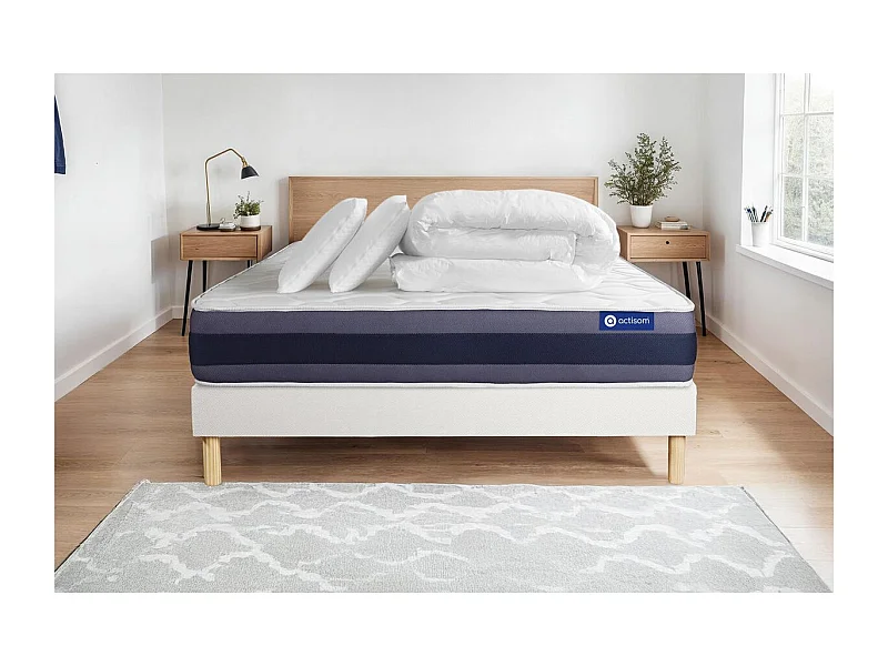 Komplettpaket Bett - Matratze 200x200 cm + Boxspringbett mit Lattenrost (im Set) + 2 Kopfkissen + Bettdecke - Actilatex Morpho