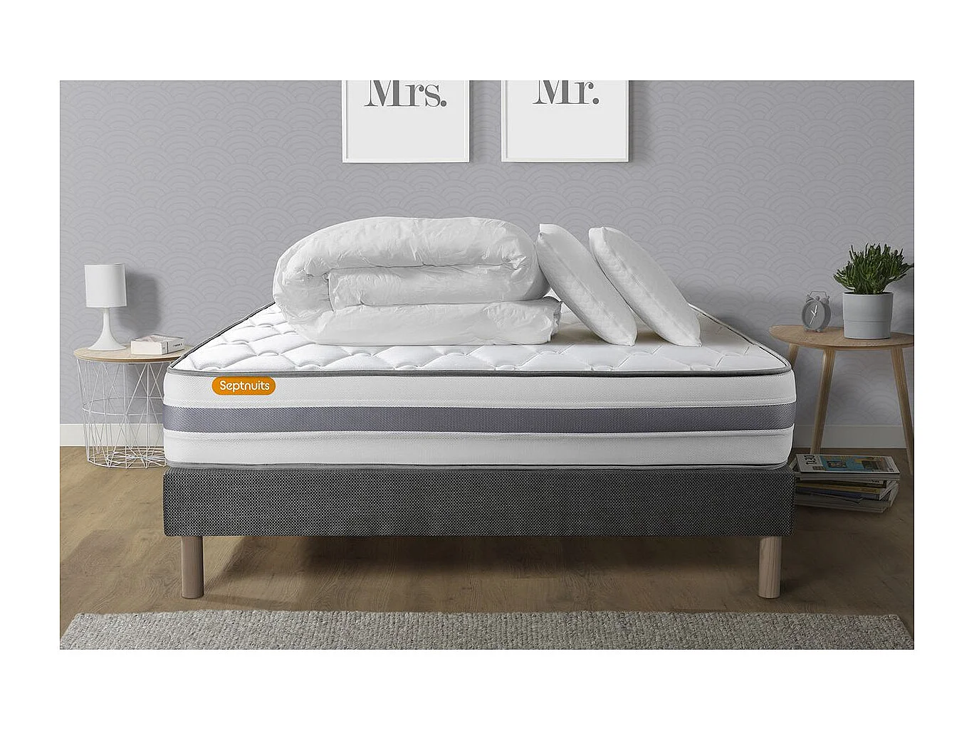 Pack matelas + sommier gris 140x200 Memo Spring Ressorts ensachés 3 zones MAXI épaisseur + Couette + 2 oreillers
