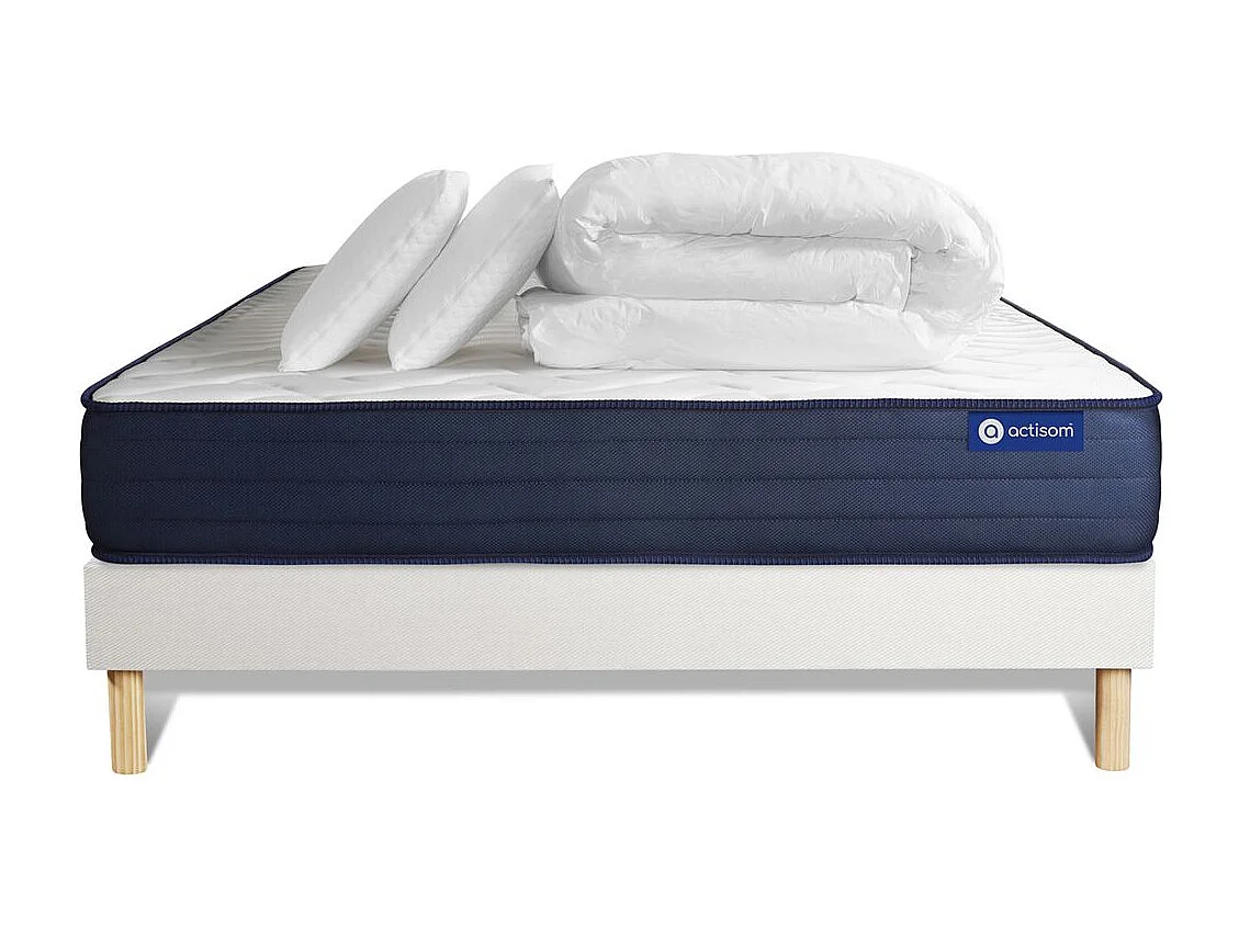 Pack prêt à dormir matelas ACTIMEMO LIFE 160x200 Mémoire de forme 5zones de confort + sommier KIT blanc + 2oreillers +couette