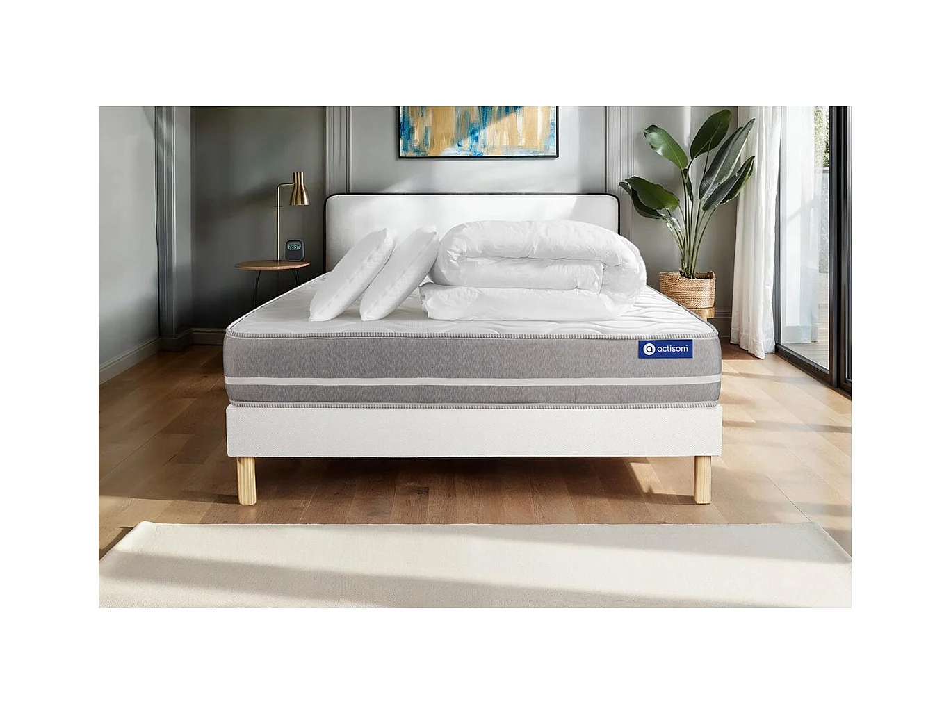 Pack prêt à dormir matelas Mémoire de forme ACTIMEMO TOUCH 200x200 3zones confort + sommier KIT blanc + 2 oreillers + couette
