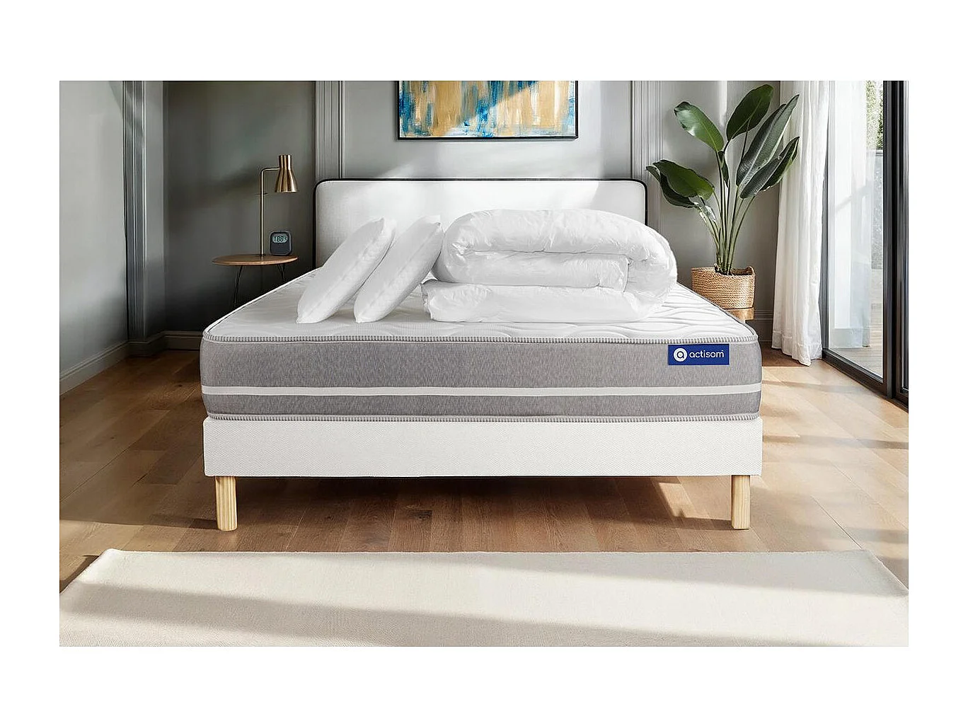 Conjunto completo de cama - Colchão 200x200 cm + estrado de molas com ripas (kit) + 2 almofadas + edredão - Actimemo Touch