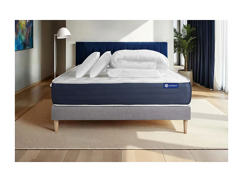Pack prêt à dormir matelas Latex et Mémoire de forme ACTILATEX SLEEP 160x200 cm + sommier KIT gris + 2 oreillers + couette