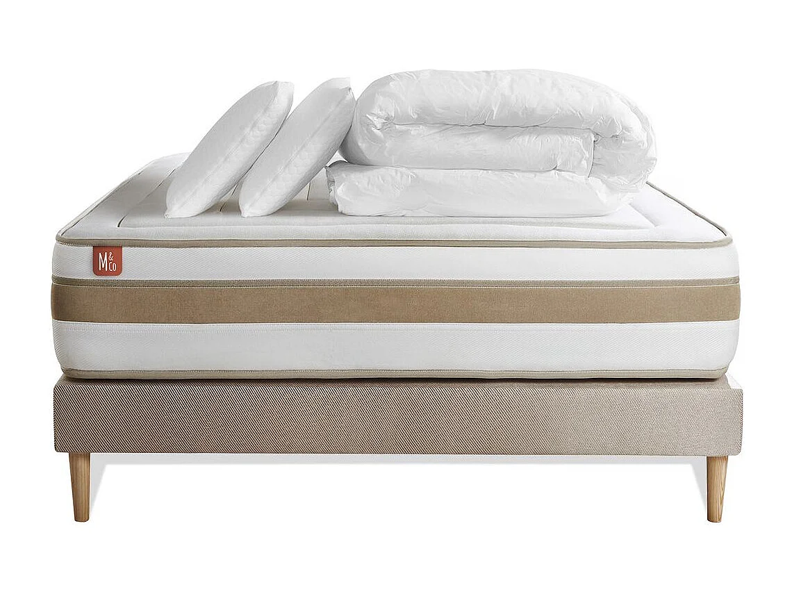 Pack prêt à dormir matelas LE RAFFINÉ 140x200cm Ressorts ensachés + Mémoire de forme BioVisco + sommier kit Beige
