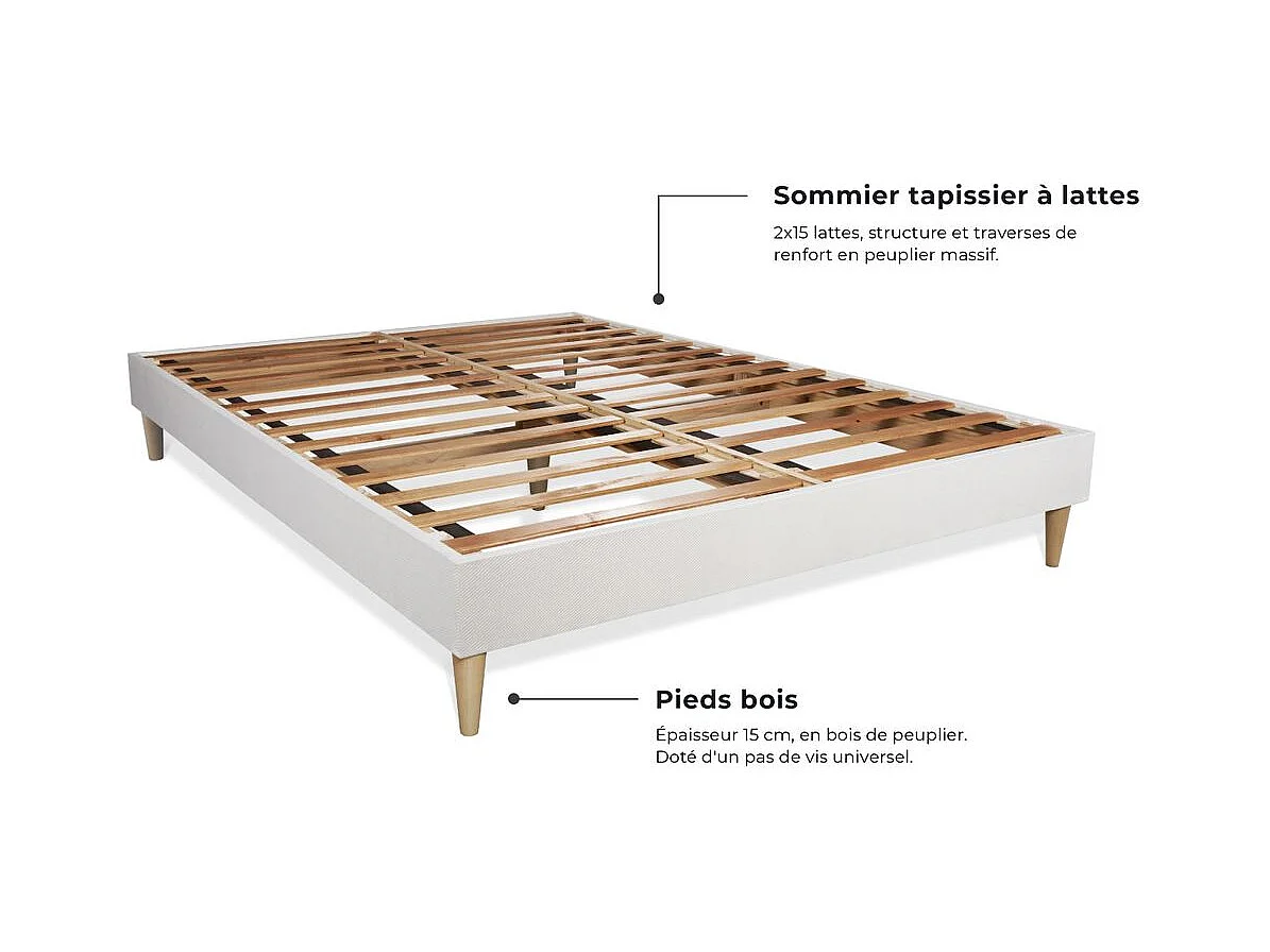 Pack matelas à mémoire de forme maxi épaisseur Buckingham 200x200cm + sommier KIT blanc + 2 oreillers + 1 couette