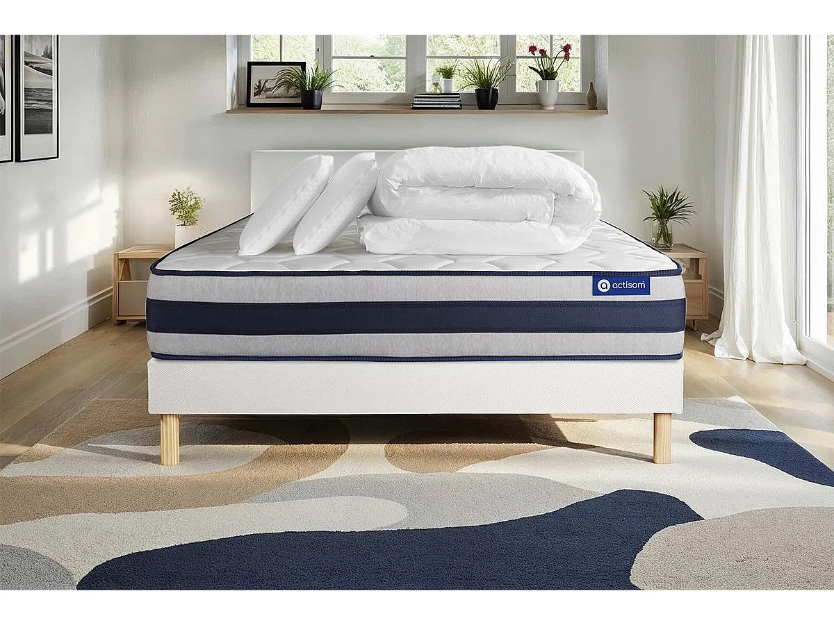 Pack prêt à dormir matelas Ressorts ensachés + Mémoire de forme ACTIFLEX ERGO 140x200 + sommier KIT blanc +2oreillers+couette