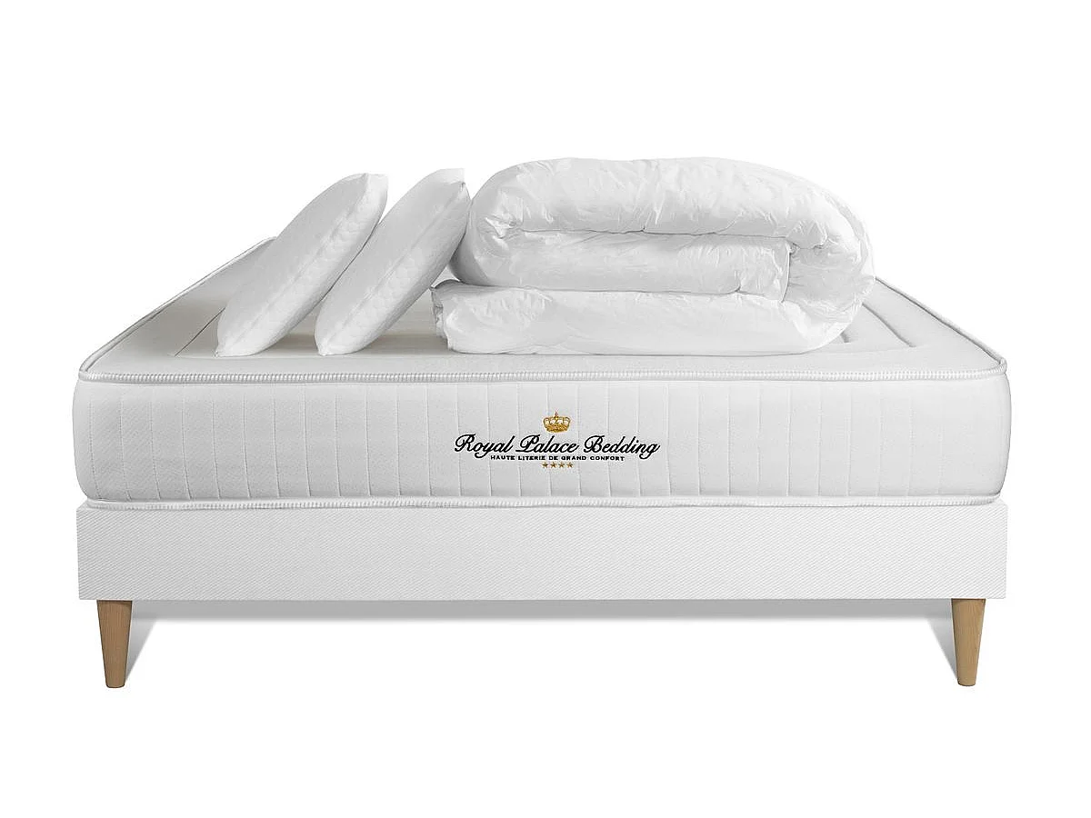 Pack prêt à dormir 140x200 matelas LANCASTER ressorts ensachés et mémoire de forme + sommier kit blanc + Couette + 2 oreillers