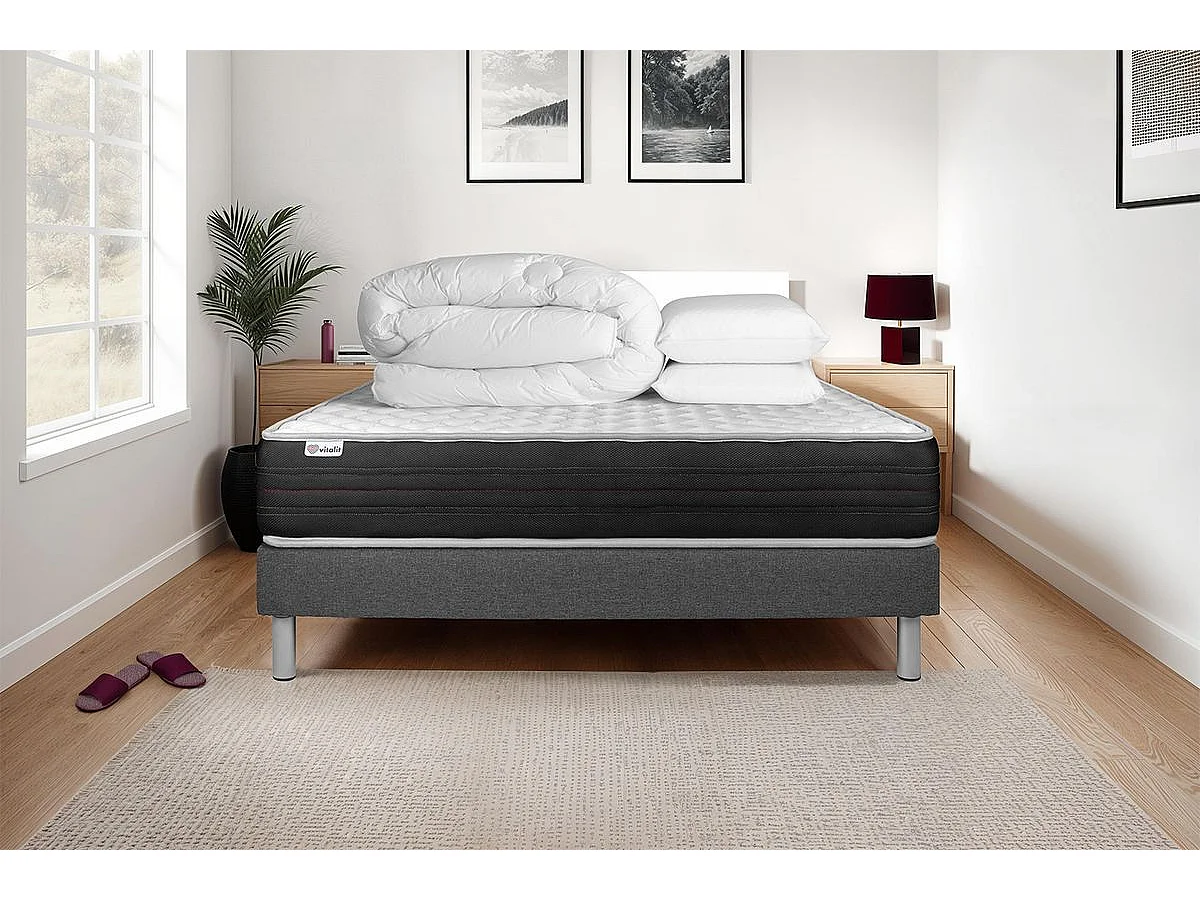 Pack prêt à dormir VITALMEMO ONE 140 x 200 cm sommier Kit gris