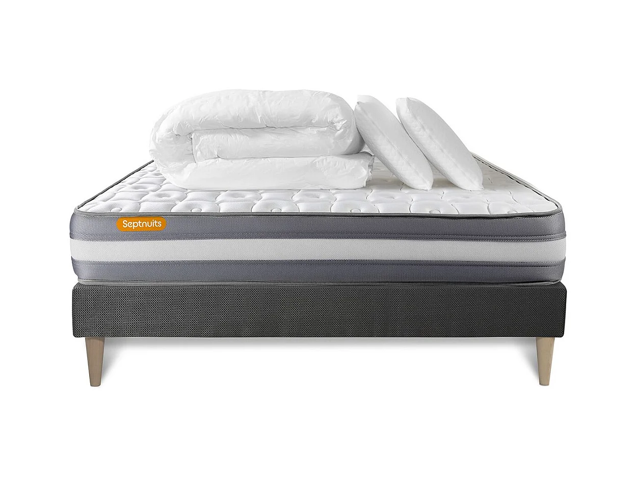 PACK matelas + sommier kit gris 180x200 Memo Plus Mémoire de forme + 2 oreillers + couette