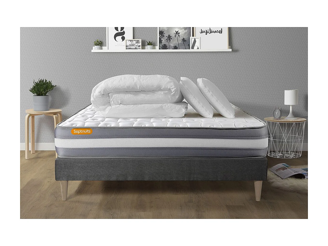 PACK matelas + sommier kit gris 180x200 Memo Plus Mémoire de forme + 2 oreillers + couette