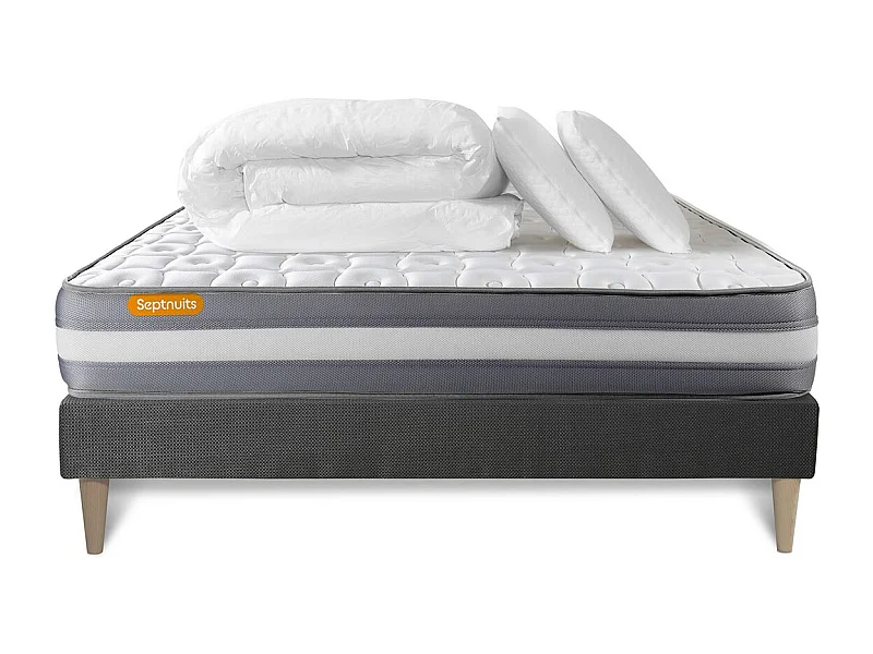PACK matelas + sommier kit gris 180x200 Memo Plus Mémoire de forme + 2 oreillers + couette