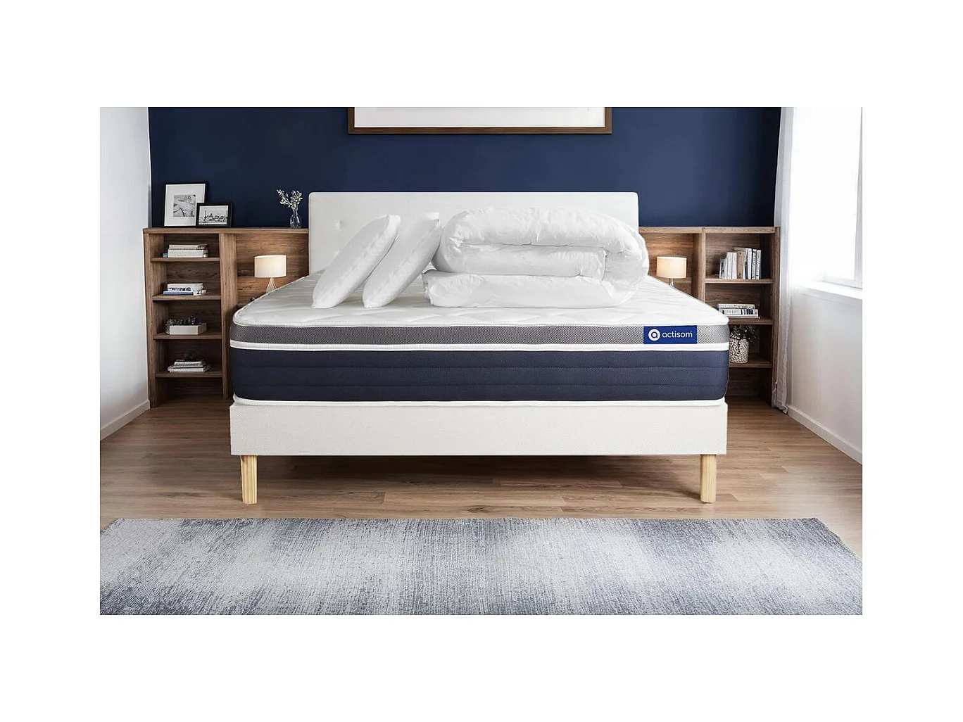 Pack prêt à dormir ACTIFLEX CONFORT Matelas Ressorts ensachés+mémoire de forme 180x200 + sommier KIT blanc +2oreillers+couette