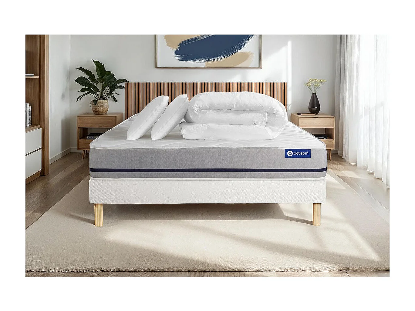 Pack prêt à dormir matelas 140x190 ACTIFLEX SOFT 3zones de confort + sommier KIT blanc + 2 oreillers + couette