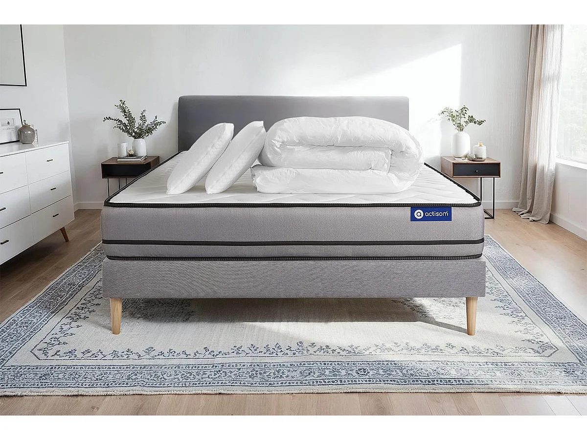 Pacchetto letto completo - Materasso 140x190cm + Box spring con doghe (kit) + 2 cuscini + Piumino - Actilatex Night