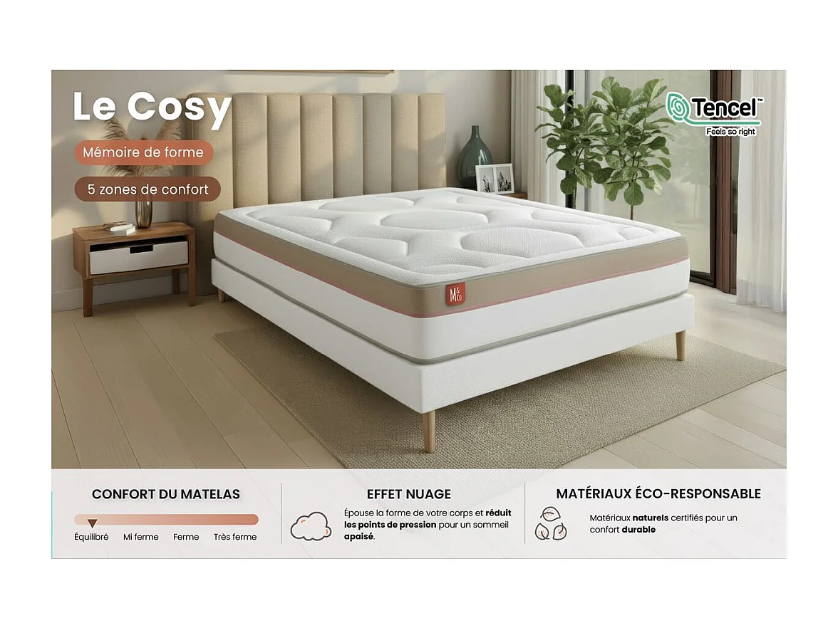 Ensemble LE COSY 140x200cm Mémoire de forme 7 zones de confort - Ep. 30cm + sommier kit Beige