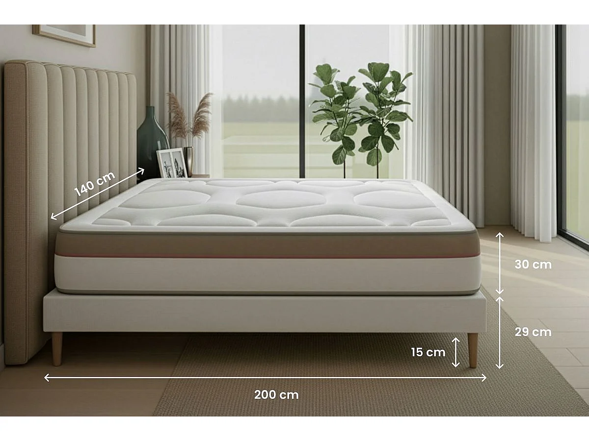 Ensemble LE COSY 140x200cm Mémoire de forme 7 zones de confort - Ep. 30cm + sommier kit Beige