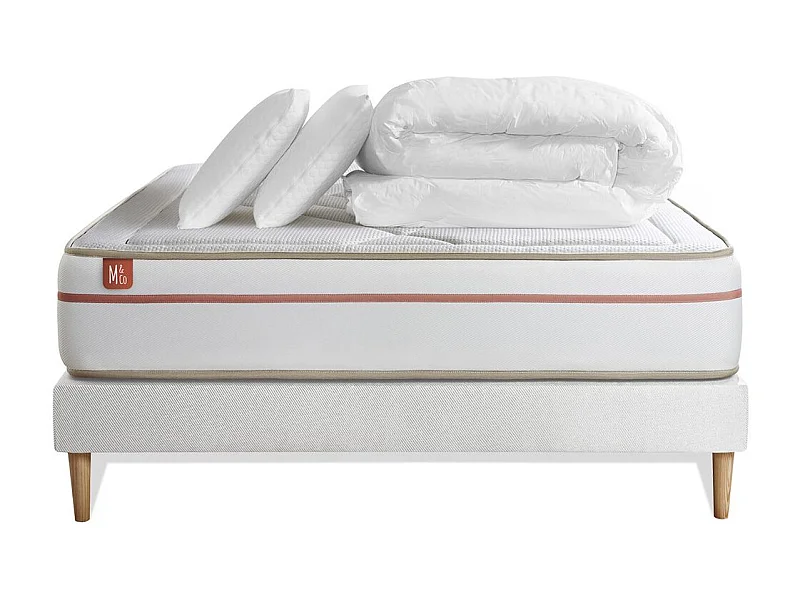 Pack prêt à dormir matelas LE PAISIBLE 140x190cm Mémoire de forme BioVisco + sommier kit Blanc + 2 oreillers + couette