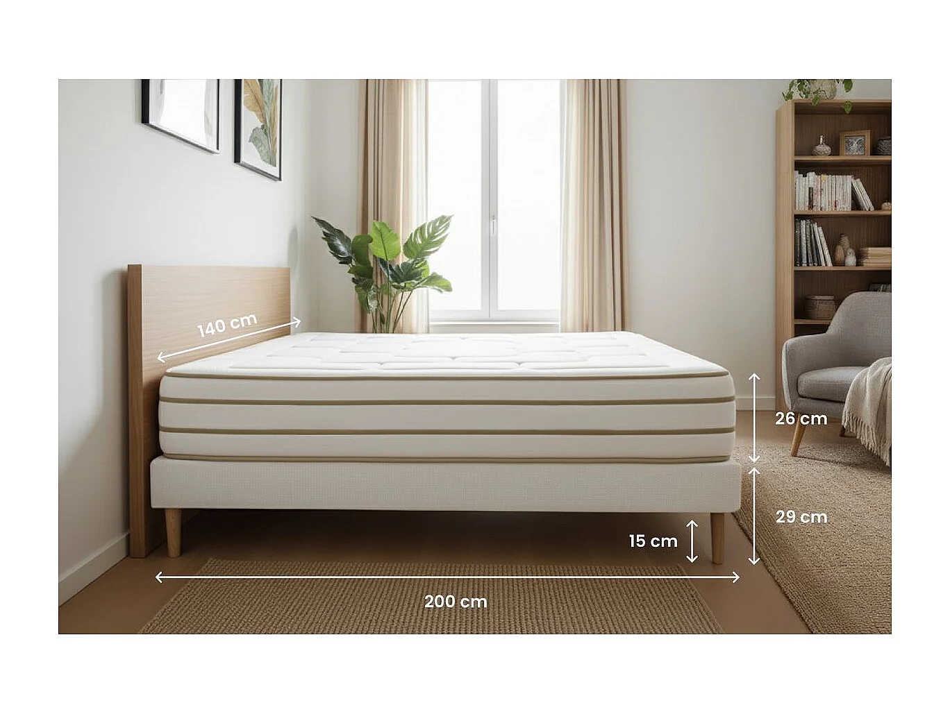 Pack prêt à dormir matelas LE DOUILLET 140x200cm Mémoire de forme BioVisco + sommier kit Beige + 2 oreillers + couette