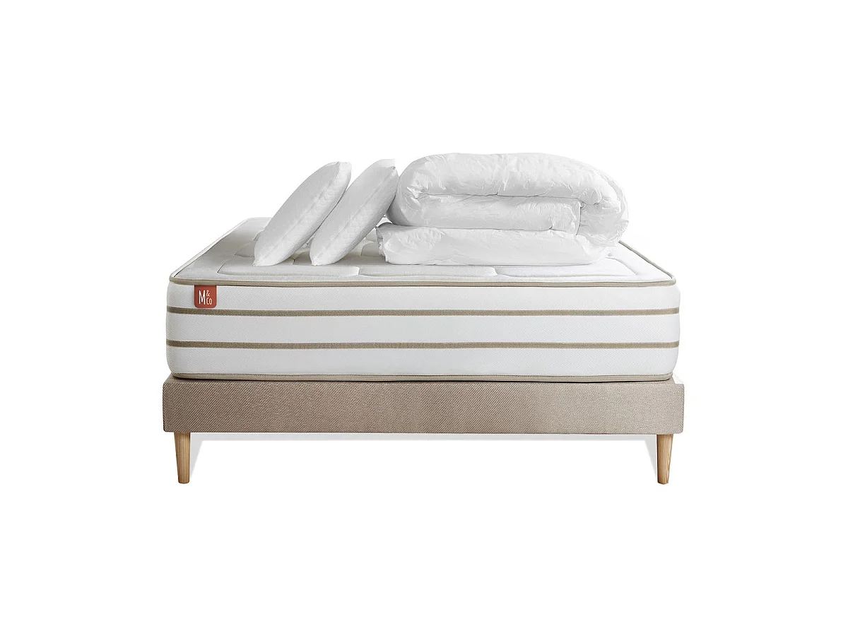 Pack prêt à dormir matelas LE DOUILLET 140x200cm Mémoire de forme BioVisco + sommier kit Beige + 2 oreillers + couette
