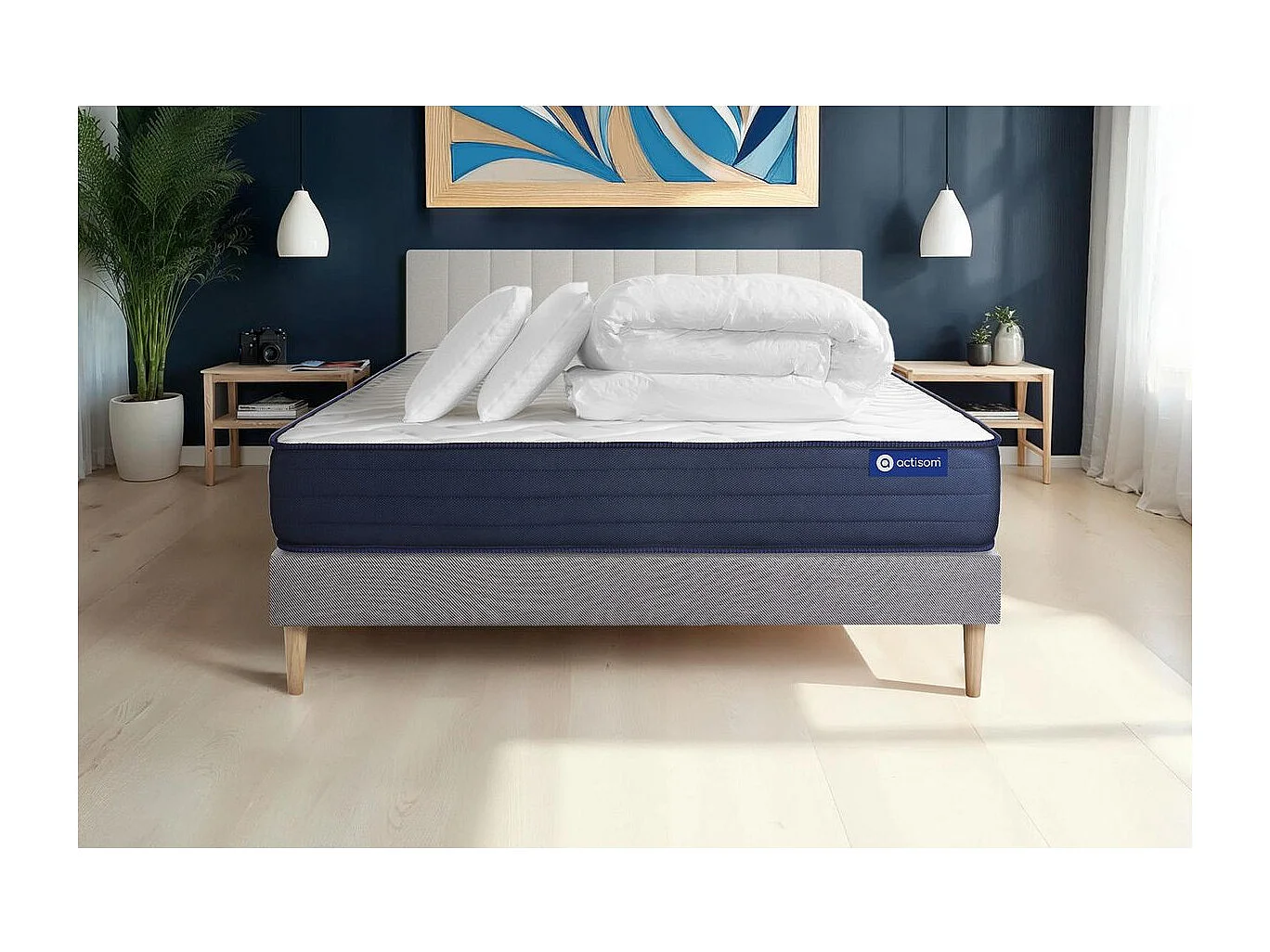 Pack prêt à dormir matelas ACTIFLEX LIFE 140x200 Ressorts ensachés + Mémoire de forme + sommier KIT gris +2oreillers+couette