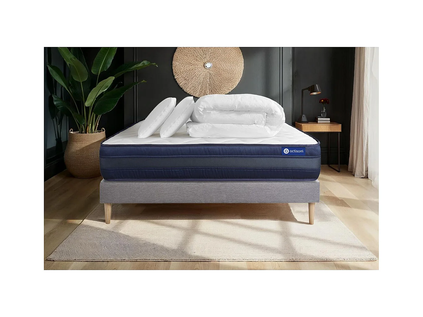 Pack prêt à dormir matelas ACTIMEMO TECH 200x200 Mémoire de forme 5zones de confort + sommier KIT gris + 2oreillers +couette