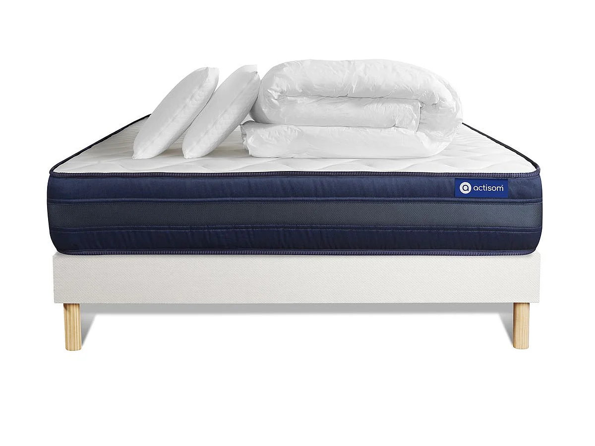 Pack prêt à dormir matelas ACTIMEMO TECH 160x200 Mémoire de forme 5zones de confort + sommier KIT blanc + 2oreillers +couette