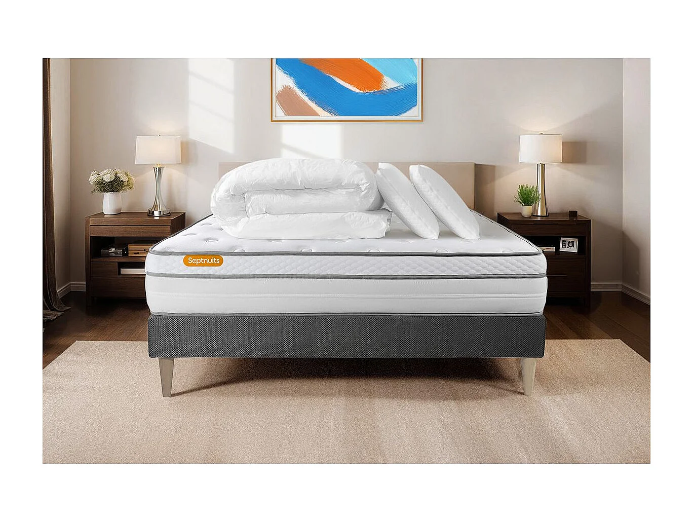Pack matelas + sommier gris 140x190 Memo Luxe Ressorts ensachés + mémoire de forme 5 zones de confort MAXI épaisseur