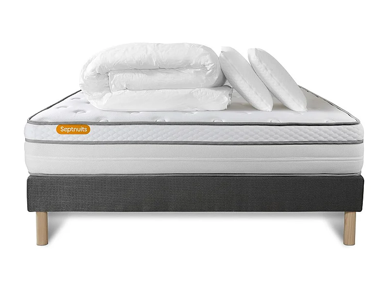 Pack matelas + sommier gris 140x190 Memo Luxe Ressorts ensachés + mémoire de forme 5 zones de confort MAXI épaisseur