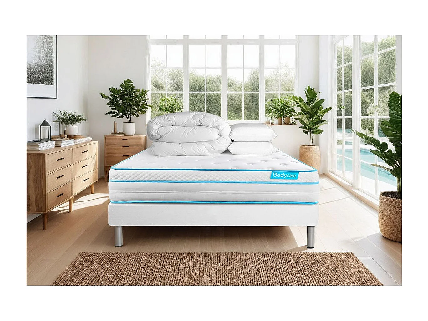 Pack BODYZONE+ 140x200 Ressorts ensachés, visco 5 zones Ultra épaisseur + Couette + 2 oreillers