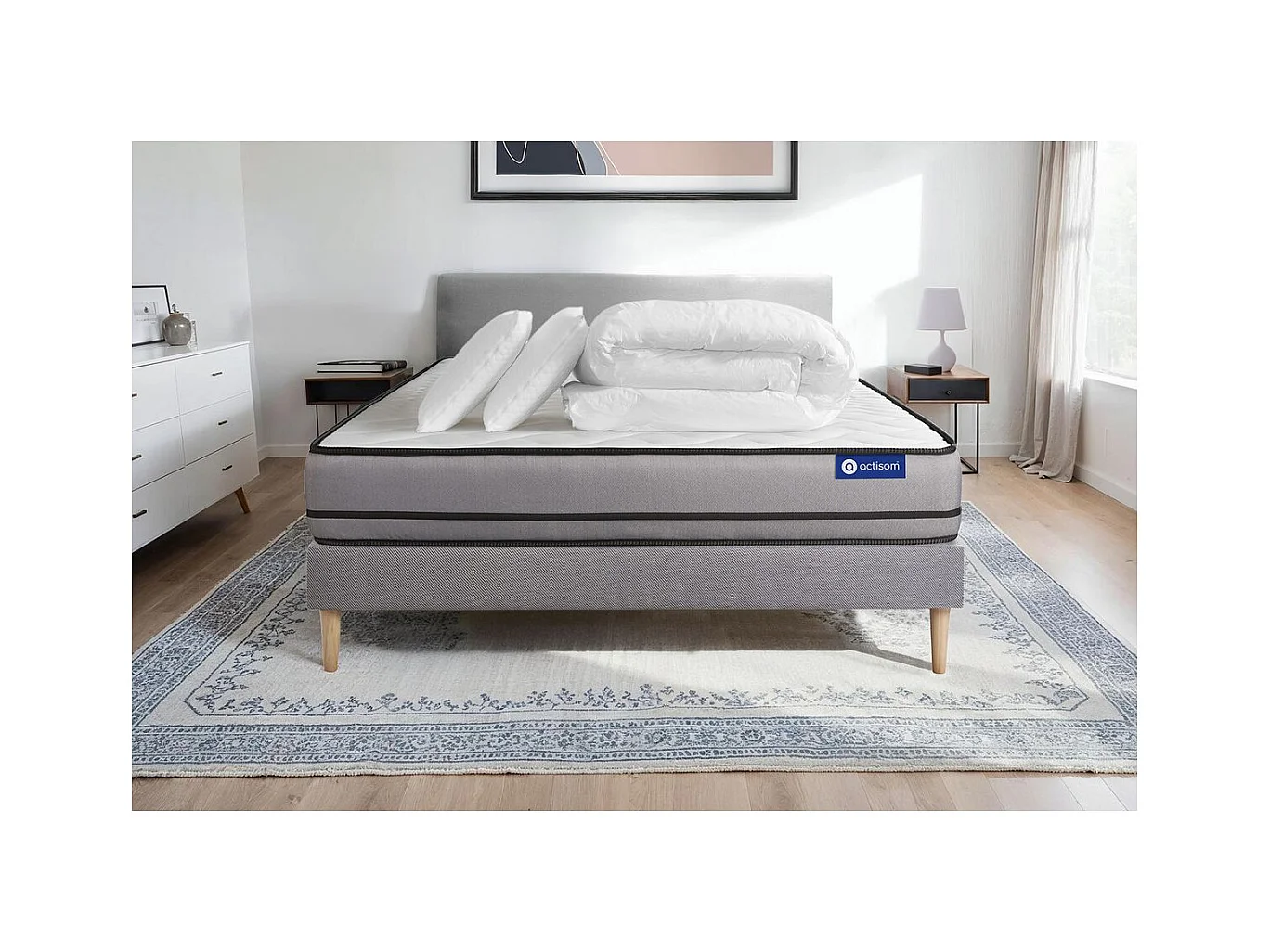 Pack prêt à dormir matelas ACTIMEMO 200x200cm à MÉMOIRE DE FORME 3zones de confort + sommier KIT gris + 2 oreillers +couette