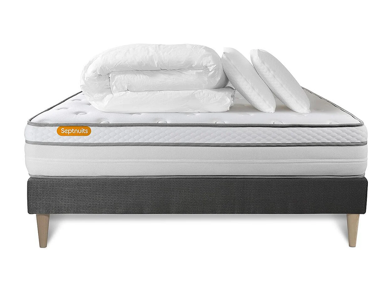 Pack matelas + sommier kit gris 180x200 Memo Luxe Ressorts ensachés + mémoire de forme + Couette + 2 oreillers