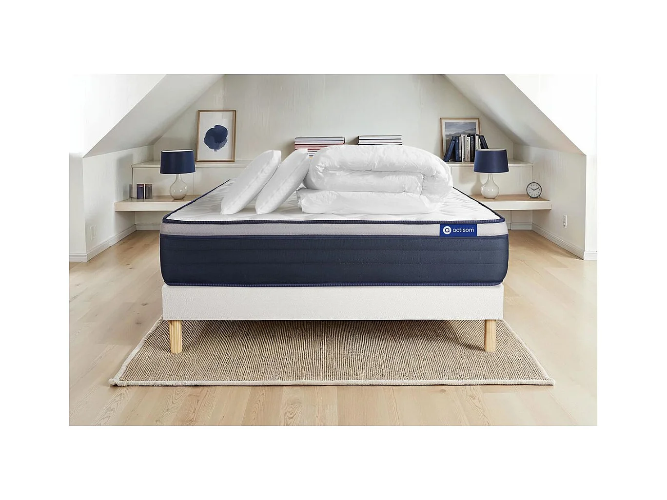 Pack prêt à dormir matelas Mémoire de forme ACTIMEMO MAX 200x200 cm Maxi épaisseur + sommier KIT blanc + 2 oreillers +couette