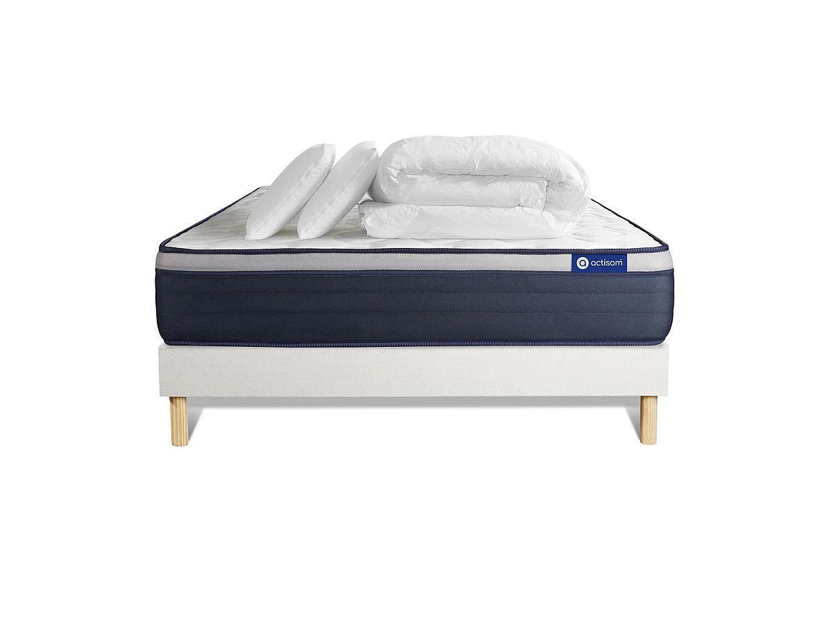 Pack prêt à dormir matelas Mémoire de forme ACTIMEMO MAX 200x200 cm Maxi épaisseur + sommier KIT blanc + 2 oreillers +couette