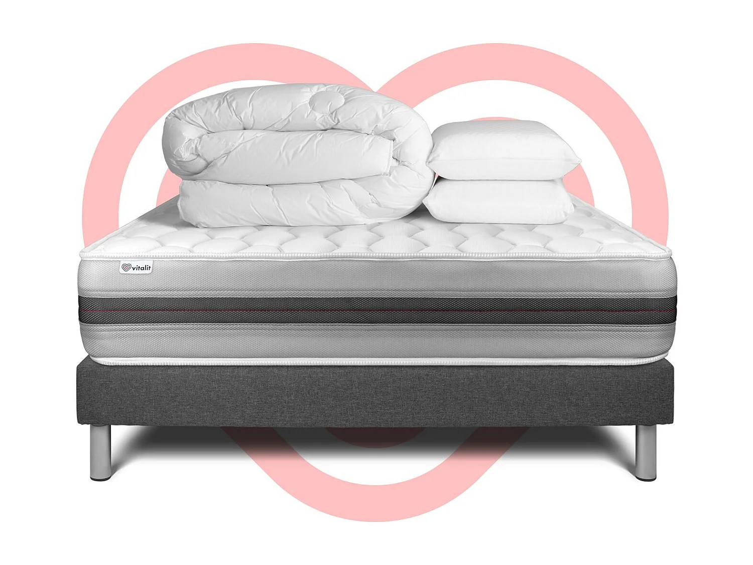 Komplettpaket Bett - Matratze 180x200 cm + Boxspringbett mit Lattenrost (im Set) + 2 Kopfkissen + Bettdecke - Vitalspring Recover