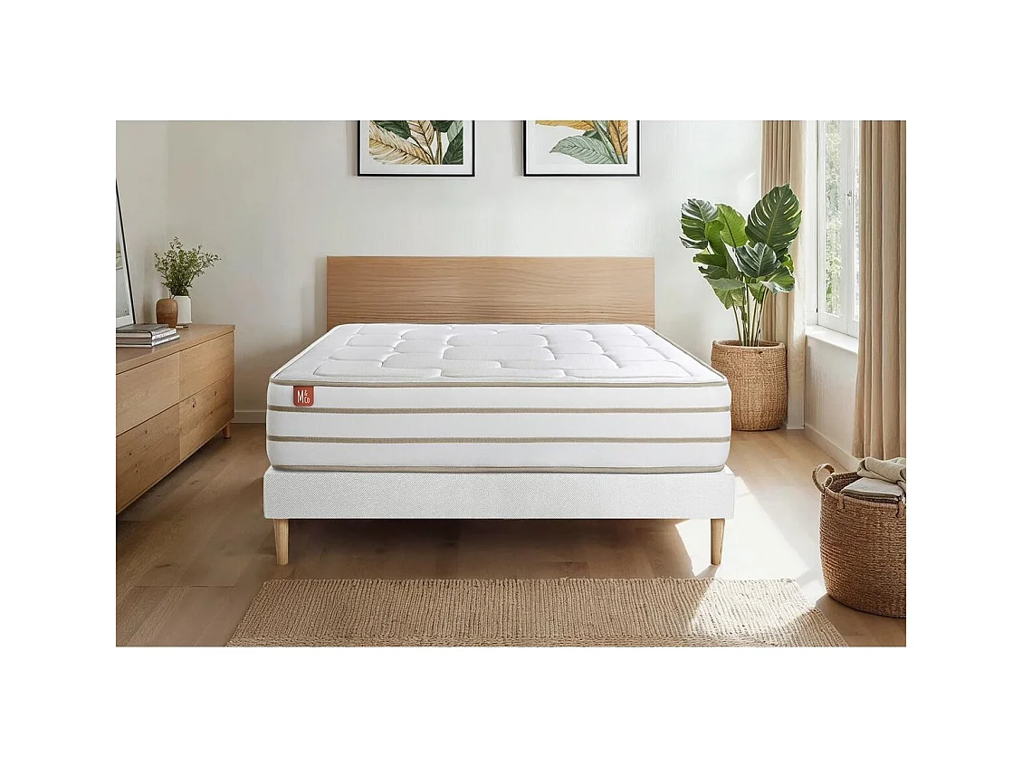 Pack prêt à dormir matelas LE DOUILLET 140x200cm Mémoire de forme BioVisco + sommier Blanc + 2 oreillers + couette 240x220