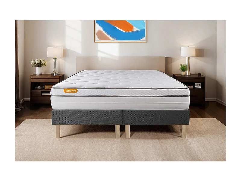 Matelas 180x200 + double sommiers gris 90x200 Memo Luxe Ressorts ensachés + mémoire de forme 5 zones de confort MAXI épaisseur