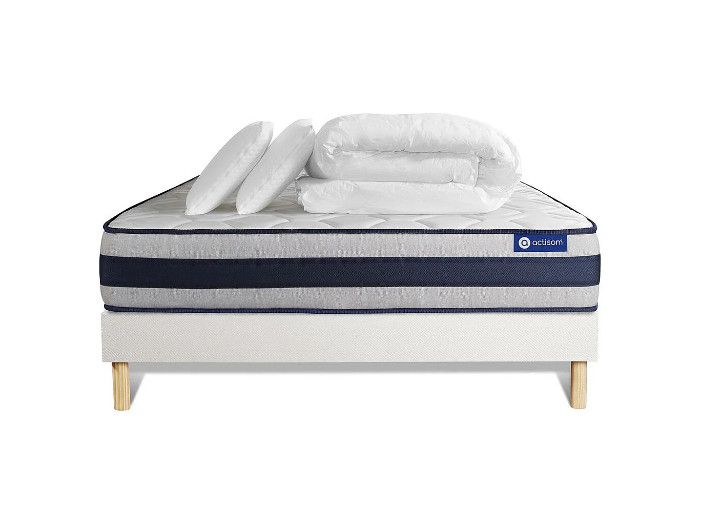 Pack prêt à dormir matelas Latex et Mémoire de forme ACTILATEX ERGO 200x200 cm + sommier KIT blanc + 2 oreillers + couette