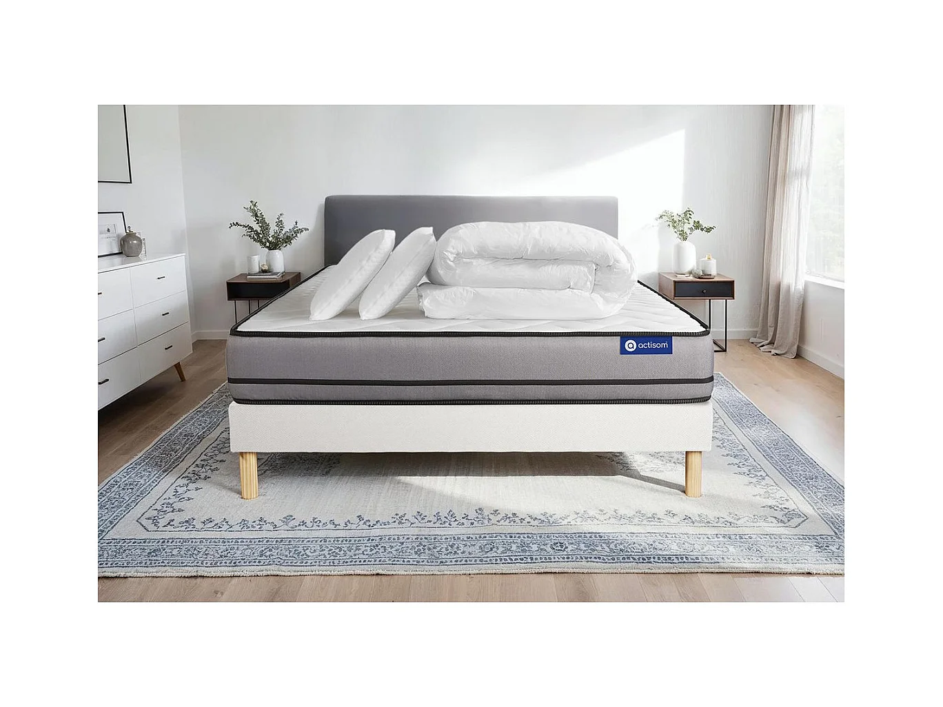 Pack prêt à dormir matelas ACTIFLEX NIGHT 180x200 RESSORTS ENSACHES 3zones confort + sommier KIT blanc + 2 oreillers +couette