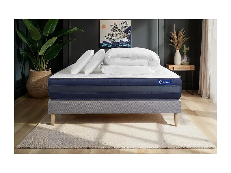 Pacchetto letto completo - Materasso 140x190cm + Box spring con doghe (kit) + 2 cuscini + Piumino - Actilatex Tech