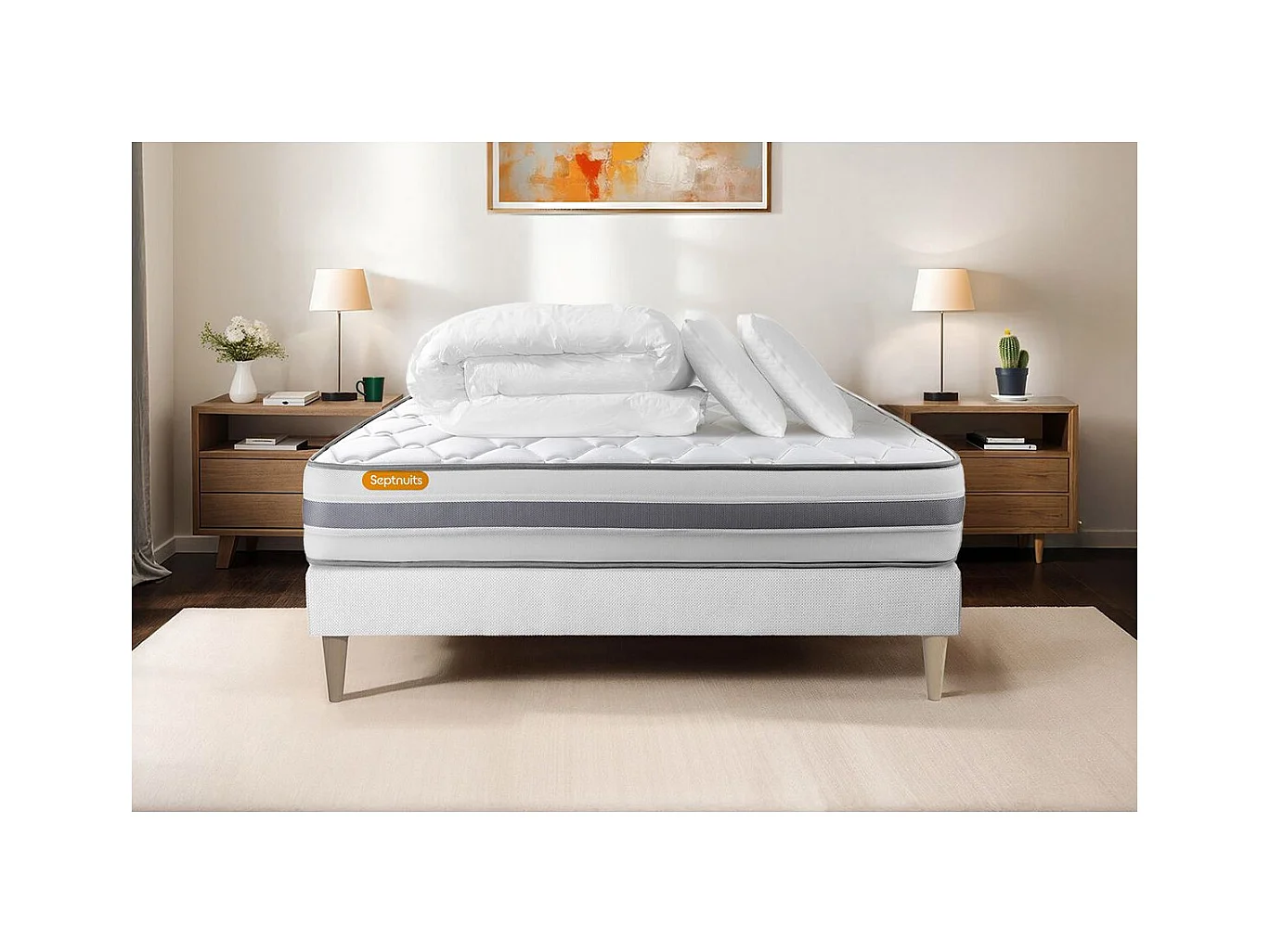 Pack matelas + sommier 140x190 Memo Spring Ressorts ensachés 3 zones MAXI épaisseur + Couette + 2 oreillers