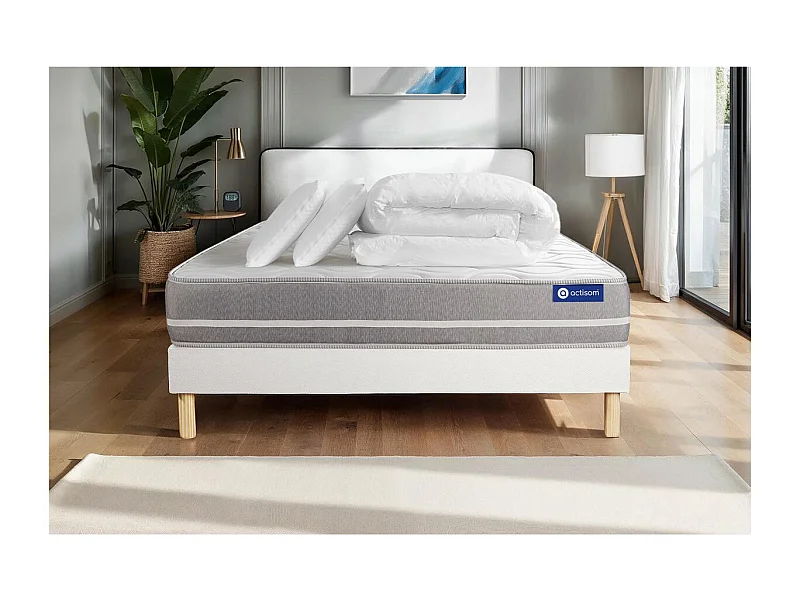 Pack prêt à dormir matelas Latex + mémoire de forme ACTILATEX TOUCH 140x190 cm + sommier KIT blanc + 2 oreillers + couette