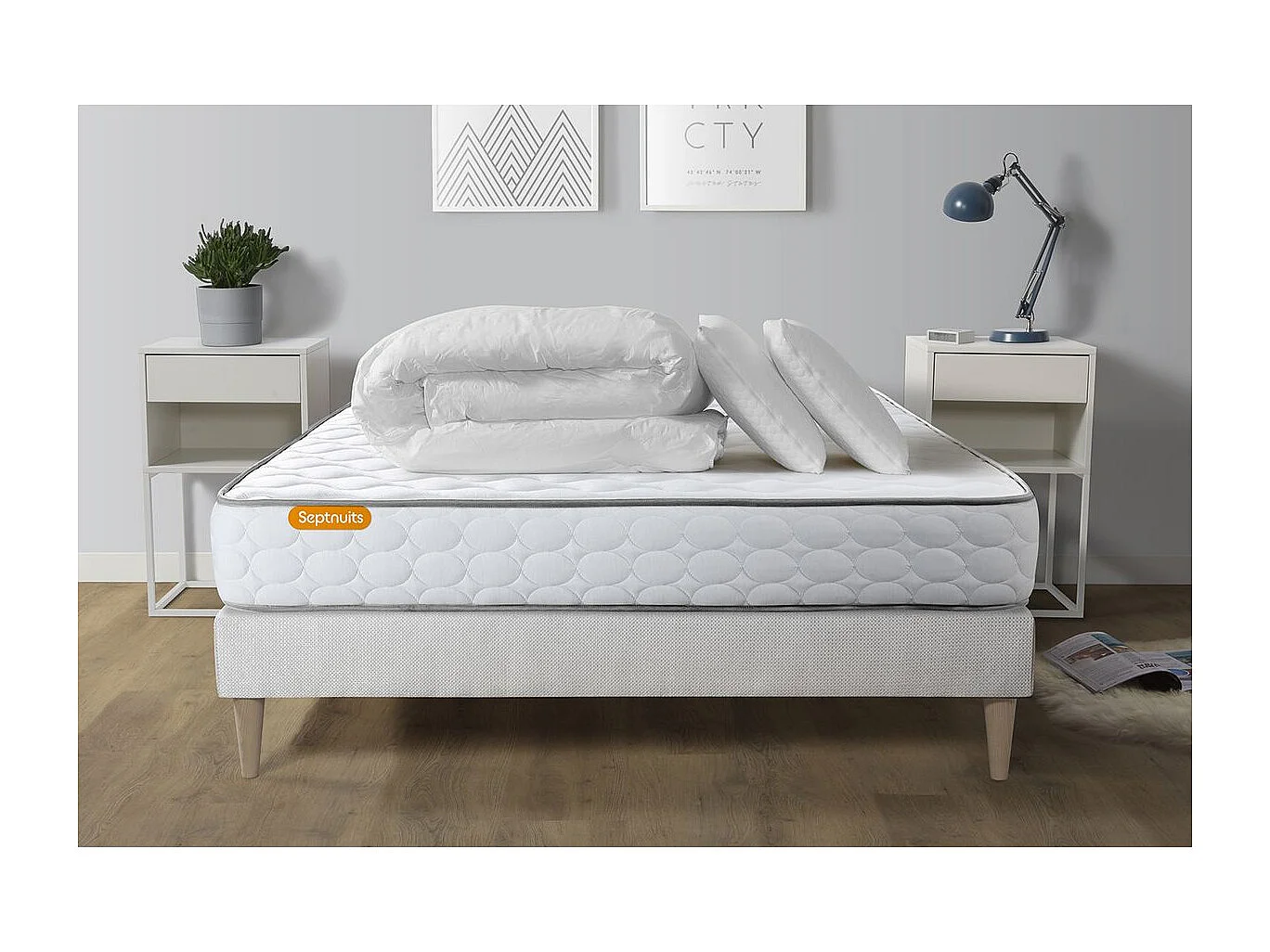 Pack matelas Memo + sommier kit blanc 160x200 + 2 oreillers mémoire de forme